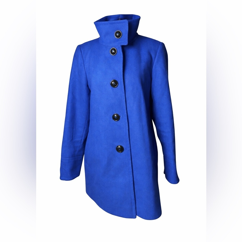 Larry Levine Blue Wool Blend Coat‎ Minimalist Chic A-Line Button Front- Medium